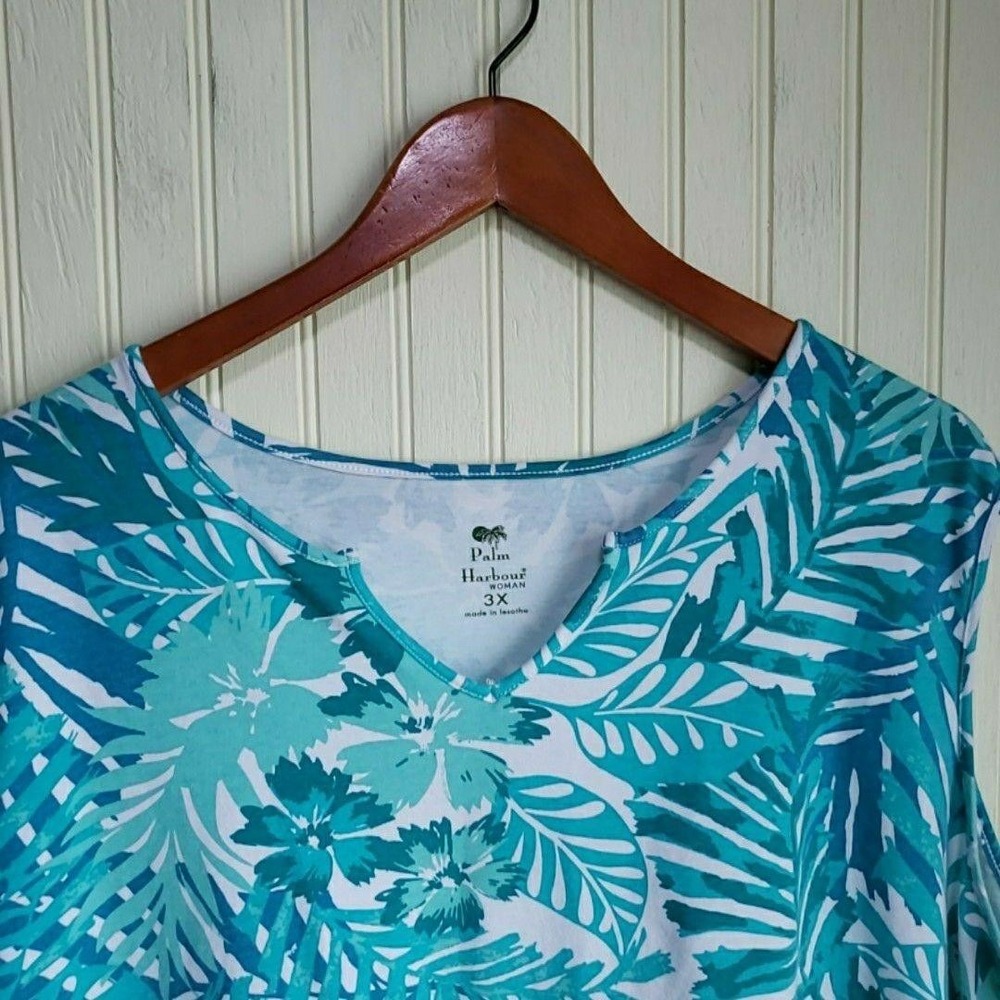 Palm Harbour Tank Top Womens Plus 3X Blue V Neck Sleeveless Tropical Floral